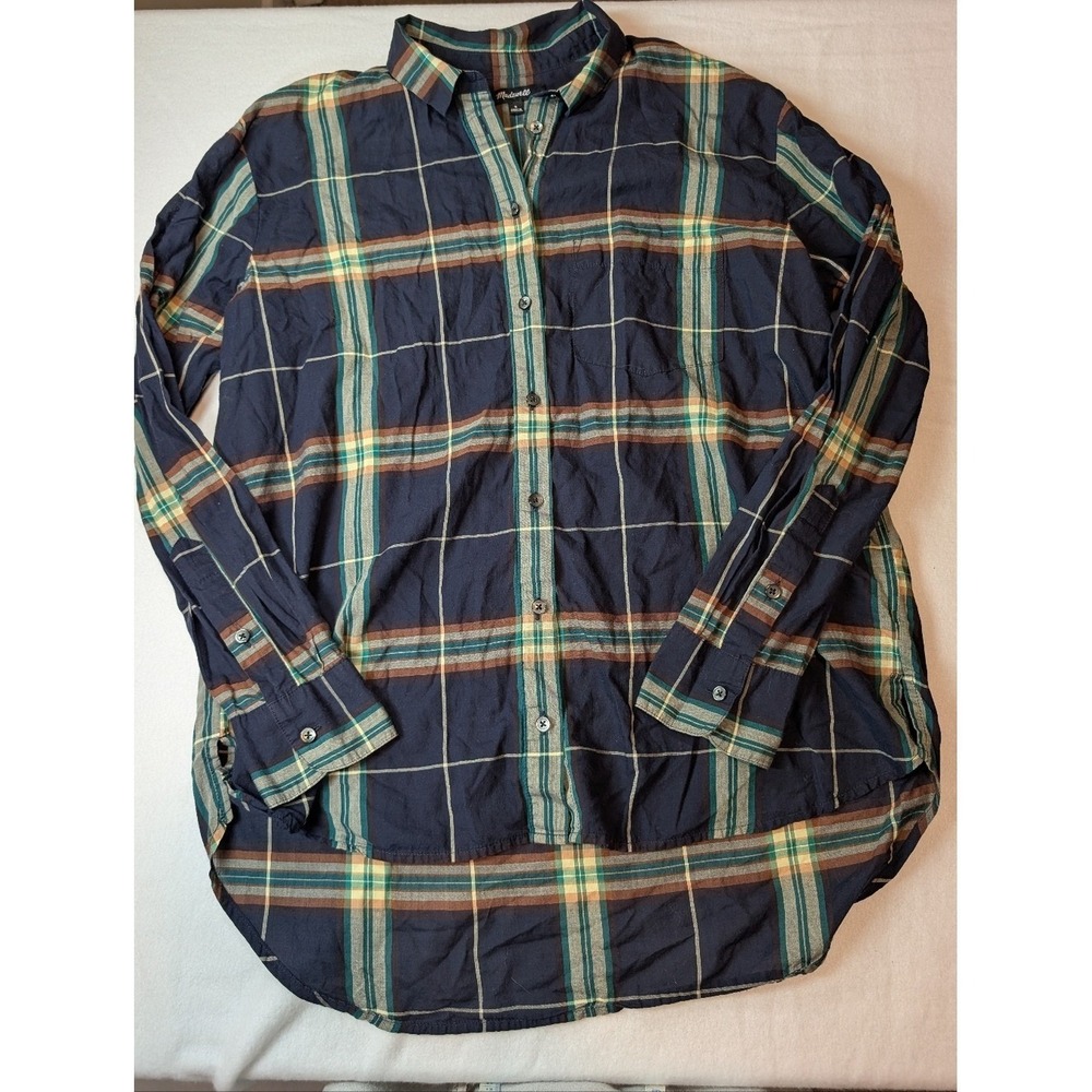 Madewell Navy Plaid Shirt with Teal and Rust Stripes